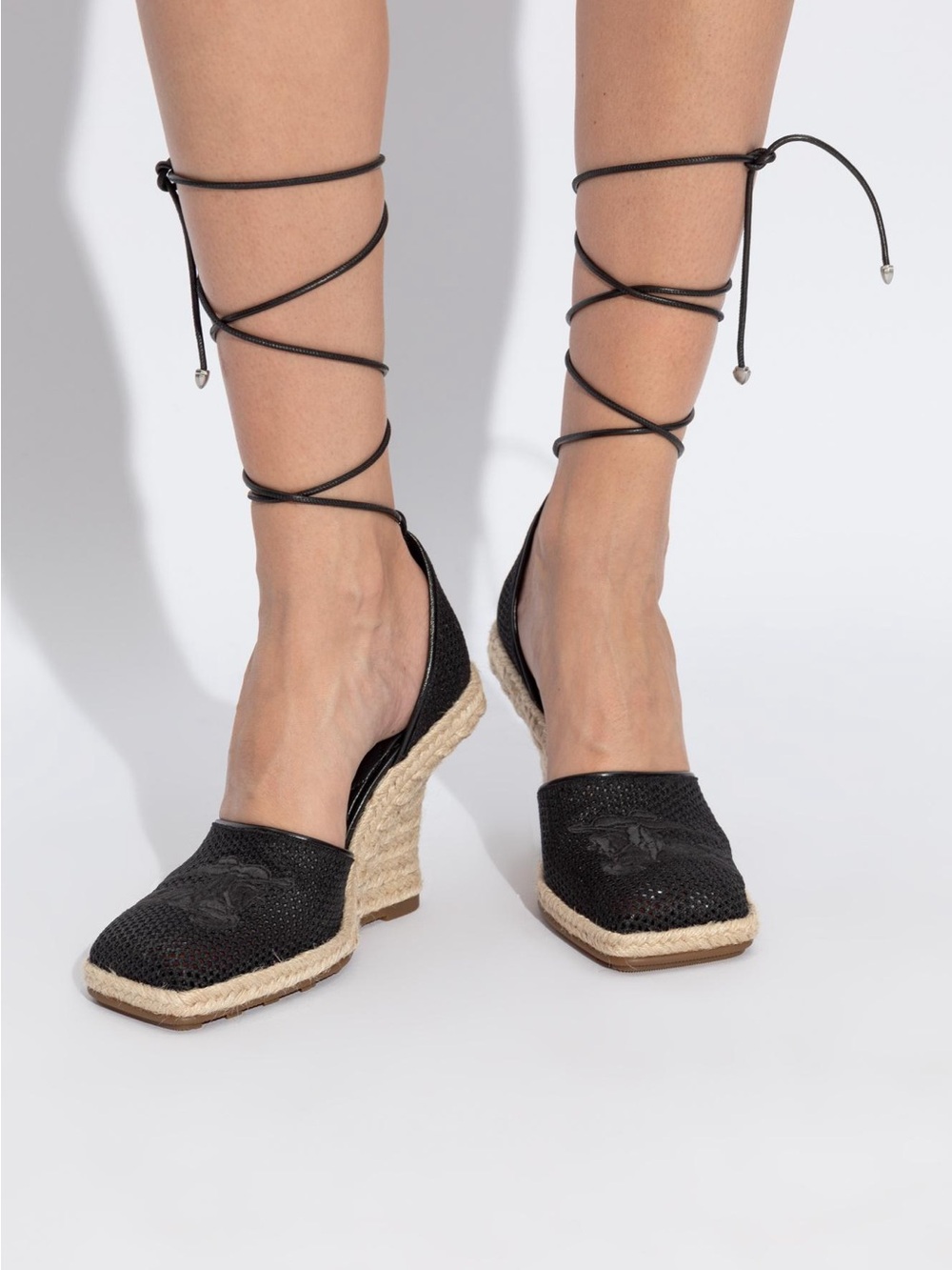 Burberry Mesh EKD Embroidered Lace-up Plunge Espadrille Wedge - 38